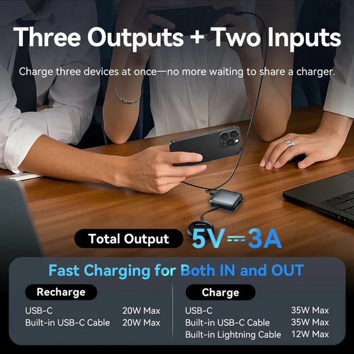 Vention 10000mAh Mini Power Bank (USB-C + USB-C/Lightning) with Built-in USB-C and Lightning Cables 35W Beige (FHFN0) (VENFHFN0)
