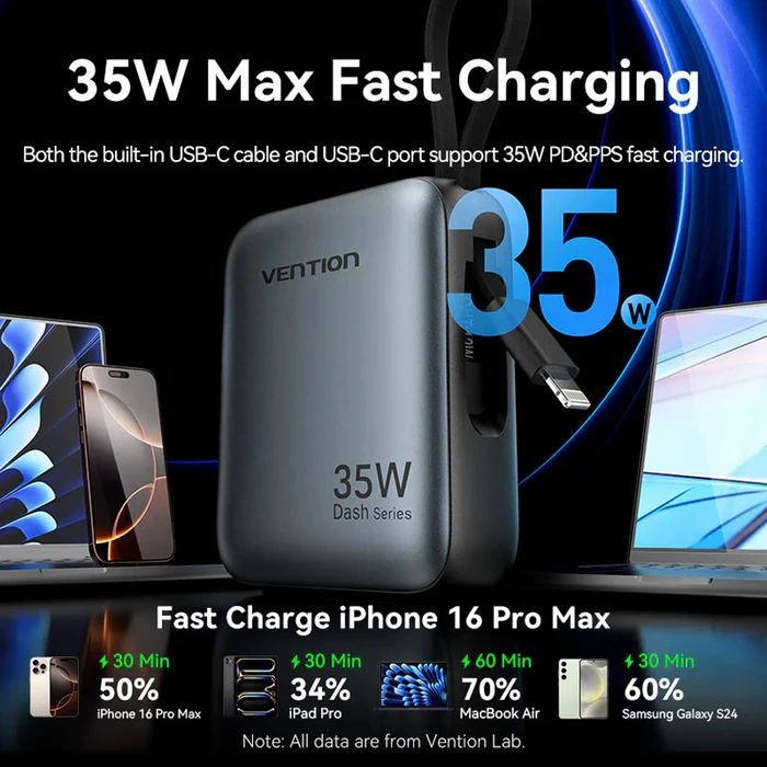 Vention 10000mAh Mini Power Bank (USB-C + USB-C/Lightning) with Built-in USB-C and Lightning Cables 35W Beige (FHFN0) (VENFHFN0)