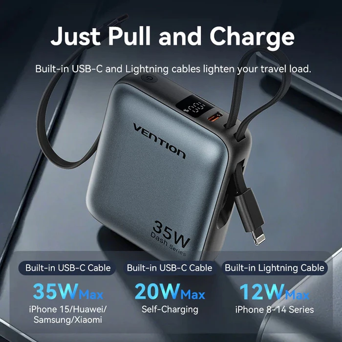 Vention 10000mAh Mini Power Bank (USB-C + USB-C/Lightning) with Built-in USB-C and Lightning Cables 35W Beige (FHFN0) (VENFHFN0)