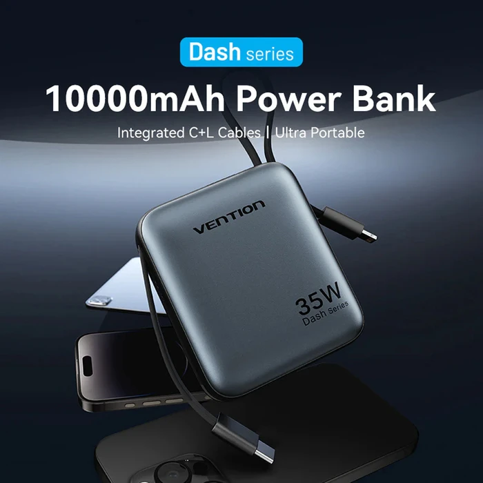 Vention 10000mAh Mini Power Bank (USB-C + USB-C/Lightning) with Built-in USB-C and Lightning Cables 35W Beige (FHFN0) (VENFHFN0)