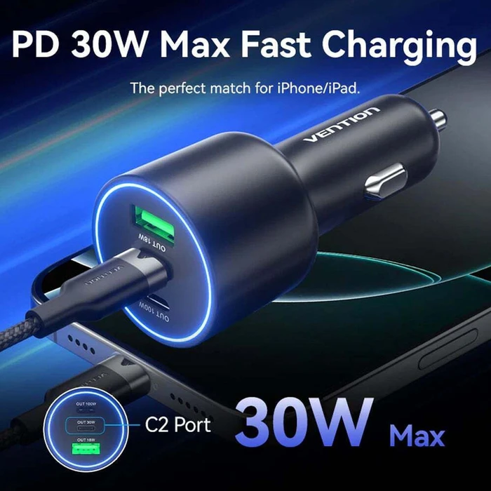 Vention Φορτιστής Αυτοκινήτου Three Port USB C C A 100W 30W 18W FFQB0 Black
