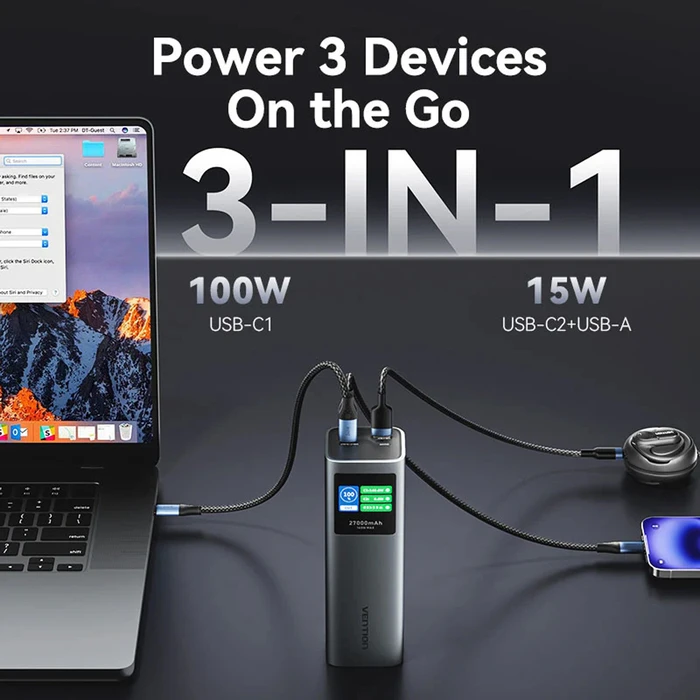Vention 27000mAh Power Bank (USB-C + USB-C/USB-C/USB-A) 140W Gray LED Display Type (FKEH0) (VENFKEH0)