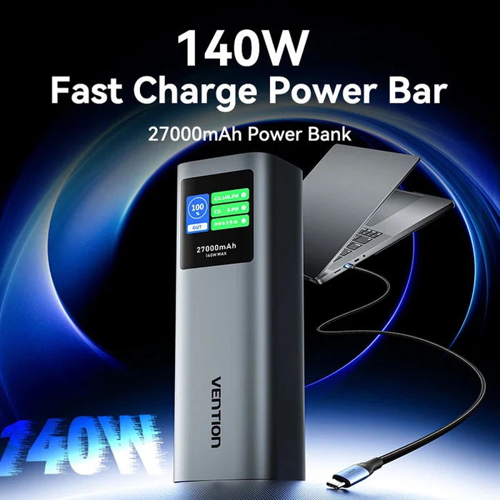 Vention 27000mAh Power Bank (USB-C + USB-C/USB-C/USB-A) 140W Gray LED Display Type (FKEH0) (VENFKEH0)