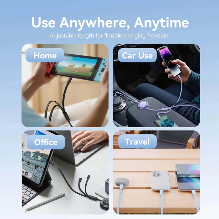 VENTION Default 3 in 1 USB 2.0 Type A Male to USB C Male USB C Male and Lightning Male Retractable Cable 1.1m Blue