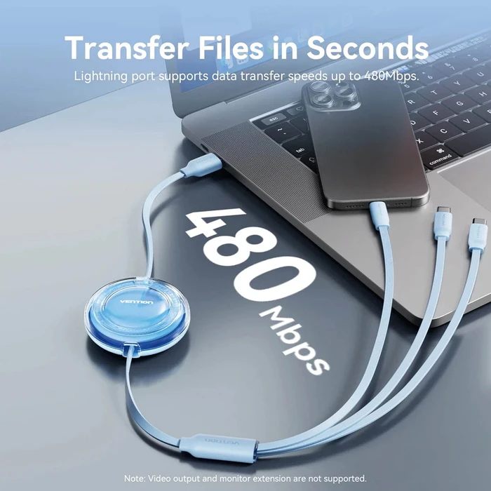 VENTION Default 3 in 1 USB 2.0 Type A Male to USB C Male USB C Male and Lightning Male Retractable Cable 1.1m Blue