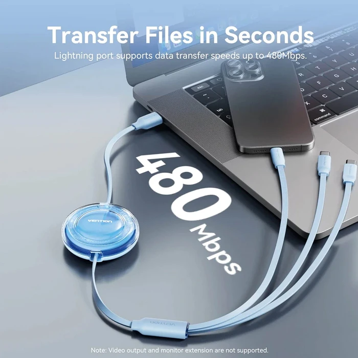 Cable and Adapter Vention 3 in 1 USB 2 0 Type A Male to USB C Male USB C Male Lightning Male Retractable Purple