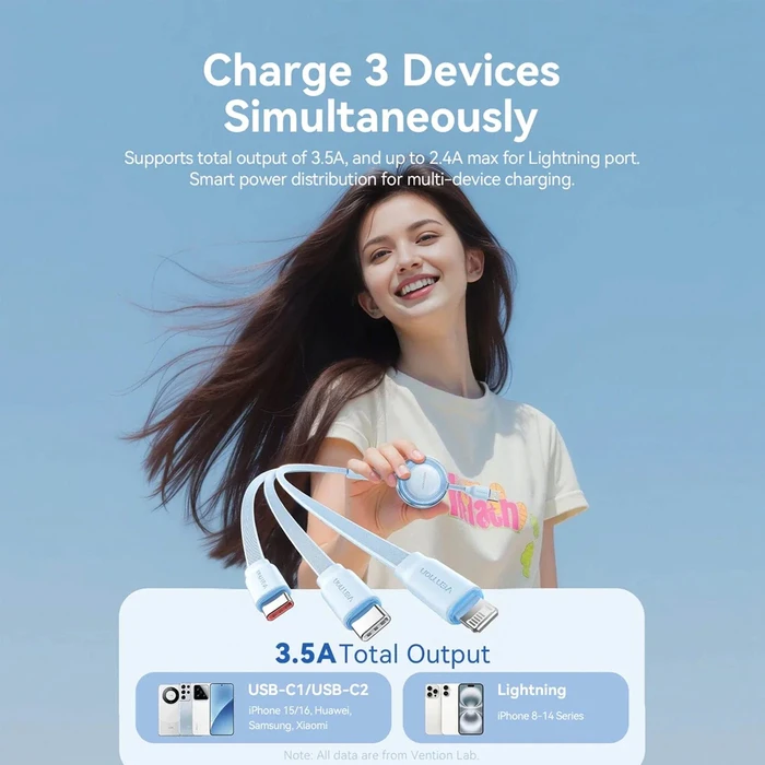 VENTION Charging Cable 3 in 1 USB 2.0 Type A to USB C Lightning Retractable 1.1 m Pink TRJPBE