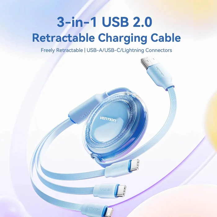 VENTION Charging Cable 3 in 1 USB 2.0 Type A to USB C Lightning Retractable 1.1 m Pink TRJPBE