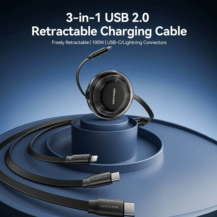 VENTION USB Cable 3 in 1 USB 2 0 Type C Male to USB C Male USB C Male and Lightning Male 5A Retractable 1 1m Blue TRKSBE