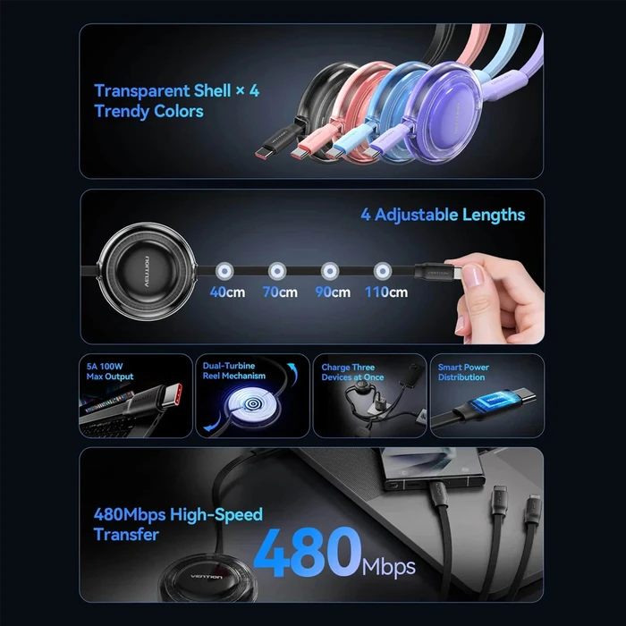 VENTION USB Cable 3 in 1 USB 2.0 Type C Male to USB C Male USB C Male and Lightning Male 5A Retractable 1.1 m Pink TRKPBE VENTRKPBE