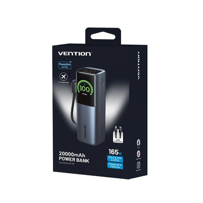 VENTION Powerhive 20000mAh 165W Power Bank (USB-C + USB-A) Γκρι TFT