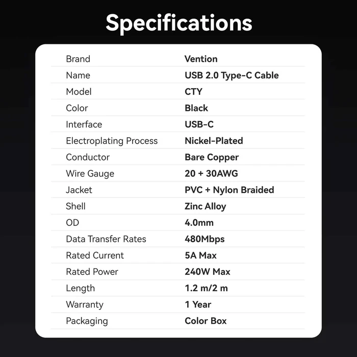 USB Cable VENTION Nylon Braided USB 2.0 Type C Male to Type C Male 5A 1.2m Black Zinc Alloy CTYBAV