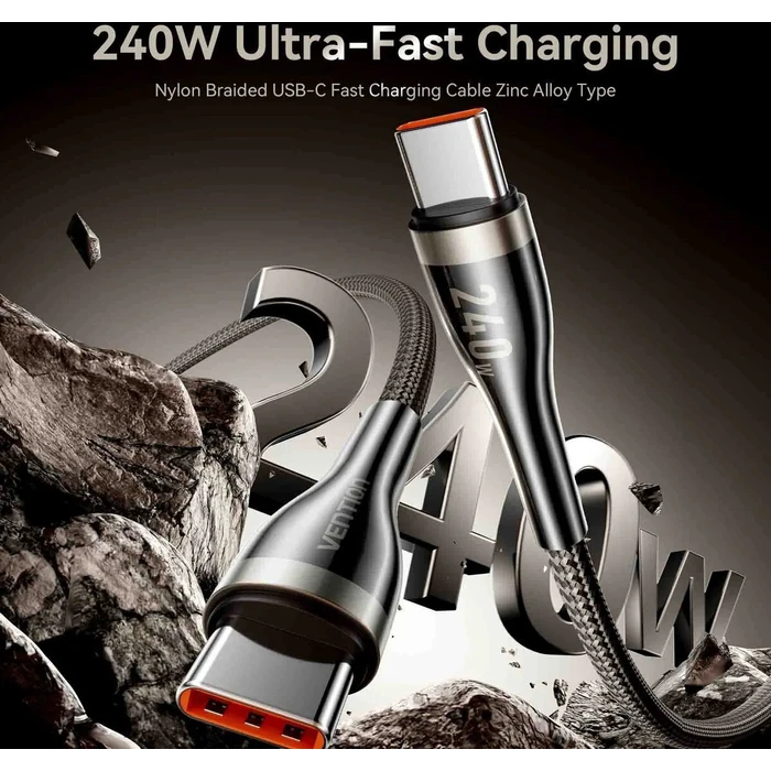 USB Cable VENTION Nylon Braided USB 2.0 Type C Male to Type C Male 5A 1.2m Black Zinc Alloy CTYBAV