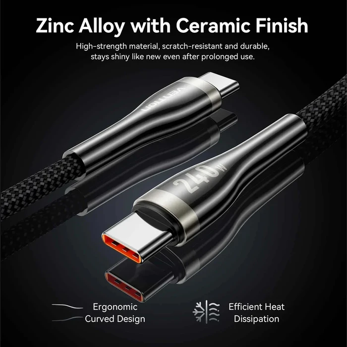 USB Cable VENTION Nylon Braided USB 2.0 Type C Male to Type C Male 5A 1.2m Black Zinc Alloy CTYBAV