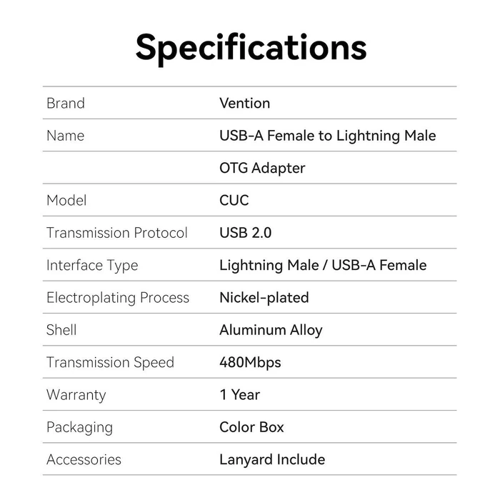VENTION USB-A Female to Lightning Male OTG Adapter Gray Aluminum Alloy Type CUCH0