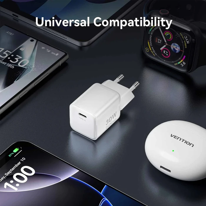 VENTION 1-Port USB C GaN Charger 30W EU Plug White