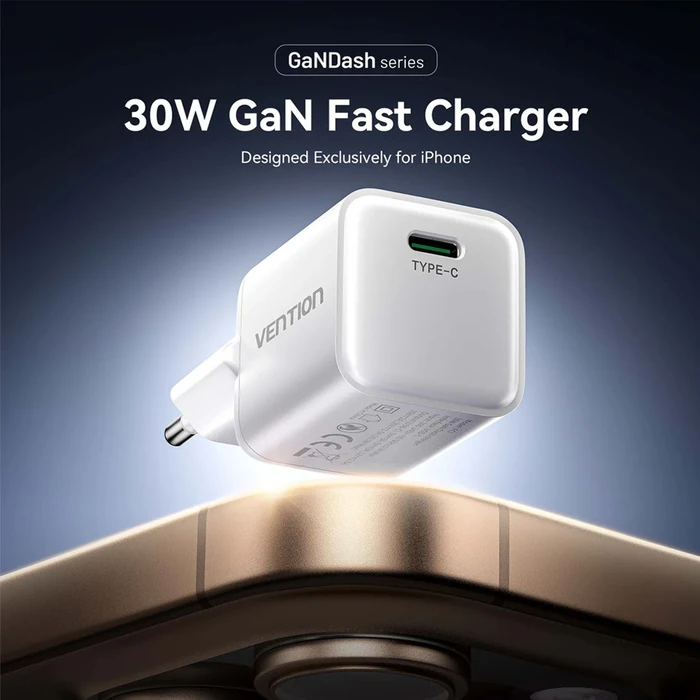 VENTION 1-Port USB C GaN Charger 30W EU Plug White