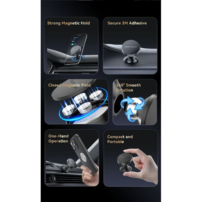 Car Accessories VENTION Magnetic Car Phone Mount Black 3M Adhesive Type KSLB0