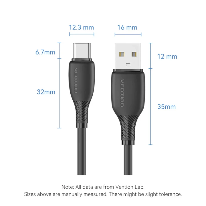 USB Cable Vention USB 2.0 A Male to C Male 3A 0.25m Black PVC Type CTWBC