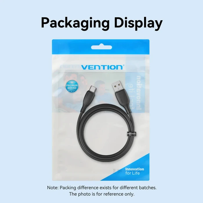 USB Cable Vention USB 2.0 A Male to C Male 3A 0.25m Black PVC Type CTWBC