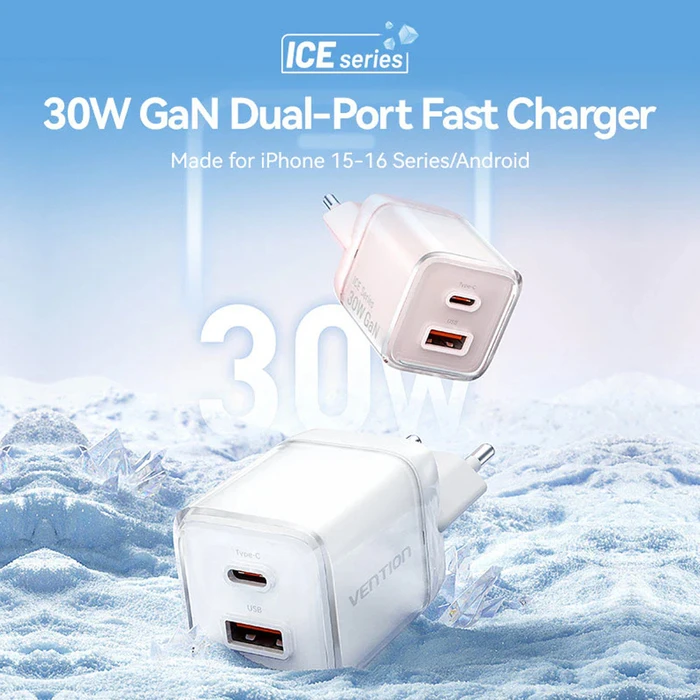 VENTION GaN 2 Port USB C A Charger 30W with 1m USB C to USB C Cable EU Pink