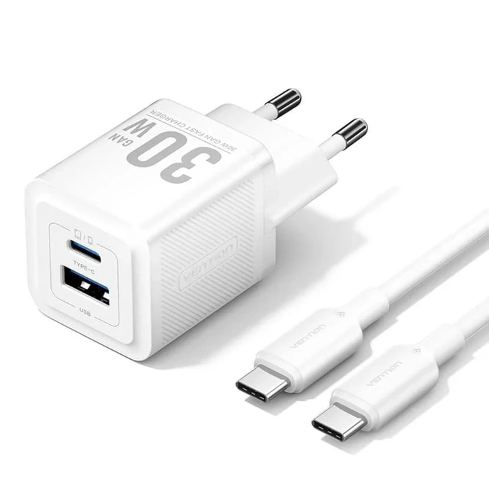 VENTION USB C A GaN Charger 30W 30W with USB C to USB C Cable 1M EU Plug White