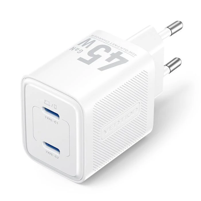 VENTION Φορτιστής GaN 2 Θυρών USB C C 45W 45W με Καλώδιο USB C σε USB C 5A 1M EU Plug Λευκό