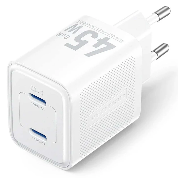VENTION Φορτιστής GaN 2 Θυρών USB C C 45W 45W με Καλώδιο USB C σε USB C 5A 1M EU Plug Λευκό