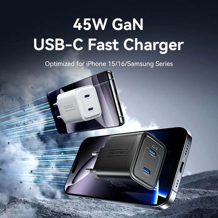 VENTION Φορτιστής GaN 2 Θυρών USB C C 45W 45W με Καλώδιο USB C σε USB C 5A 1M EU Plug Λευκό