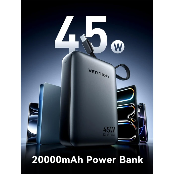 VENTION Power Bank 20000mAh 45W Mini με Ενσωματωμένο USB-C Καλώδιο, Γκρι (FHGH0-TY)