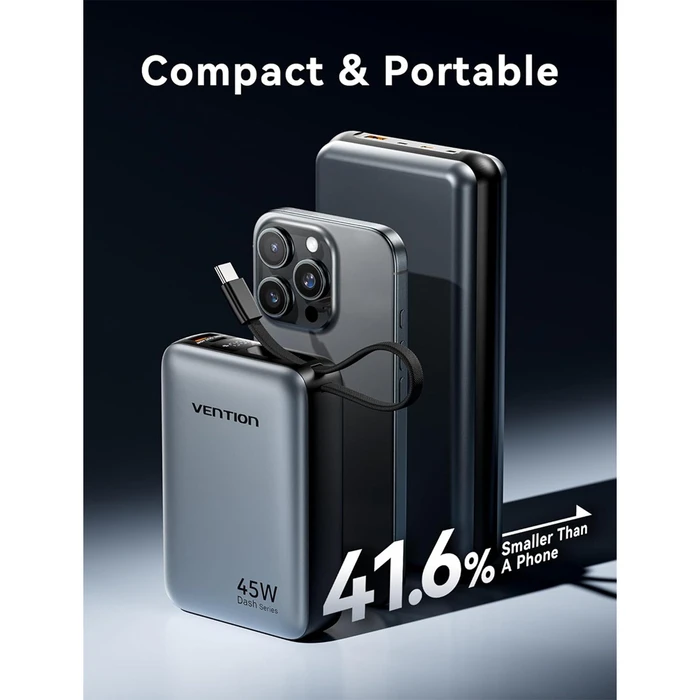 VENTION Power Bank 20000mAh 45W Mini με Ενσωματωμένο USB-C Καλώδιο, Γκρι (FHGH0-TY)