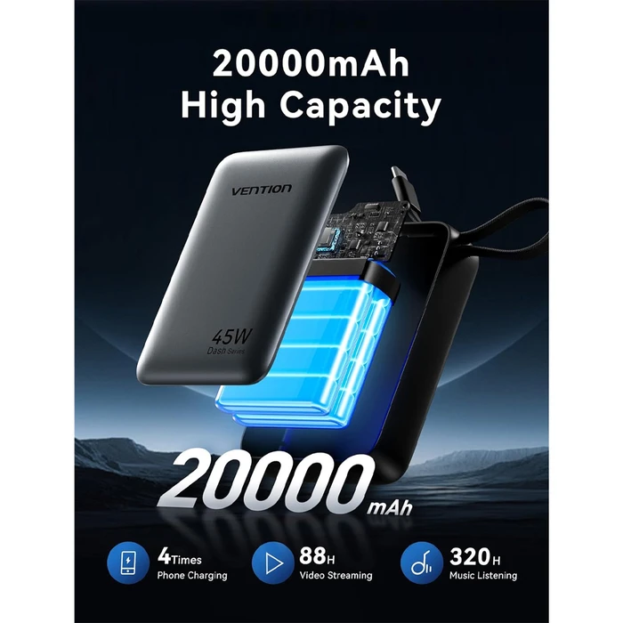 VENTION Power Bank 20000mAh 45W Μini με ενσωματωμένο καλώδιο USB-C Beige (FHGN0-TY)