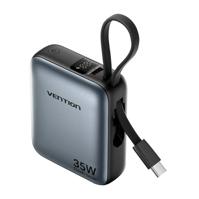 Vention 10000mAh Mini Power Bank (USB-C + USB-C) with Built-in USB-C Cable 35W Gray Universal Type (FHEN0-TY) (VENFHEN0-TY)