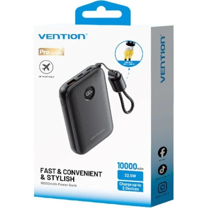 Vention 10000mAh Power Bank (USB-C + USB-C/USB-C/USB-A) with Built-in USB-C to USB-C Cable 22.5W Black LED Display Universal Type (FKAB0-C-TY) (VENFKAB0-C-TY)