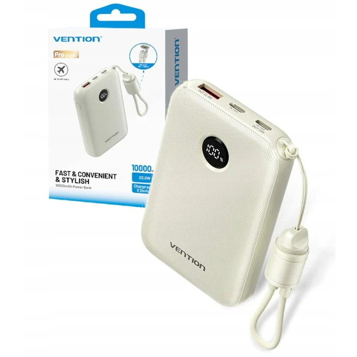Vention 10000mAh Power Bank (USB-C + USB-C/USB-C/USB-A) with Built-in USB-C to USB-C Cable 22.5W Beige LED Display Universal Type (FKAN0-C-TY) (VENFKAN0-C-TY)