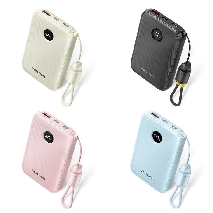 Vention 10000mAh Power Bank (USB-C + USB-C/USB-C/USB-A) with Built-in USB-C to USB-C Cable 22.5W Beige LED Display Universal Type (FKAN0-C-TY) (VENFKAN0-C-TY)