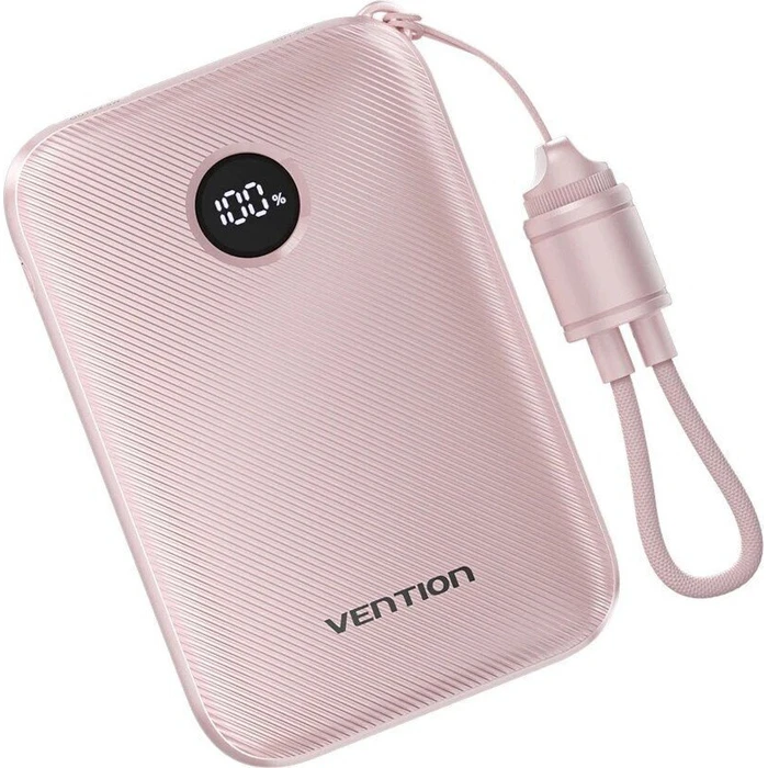 VENTION Power Bank 10000mAh 22.5W με ενσωματωμένο καλώδιο USB‑C, USB‑A & USB‑C θύρες — Ροζ