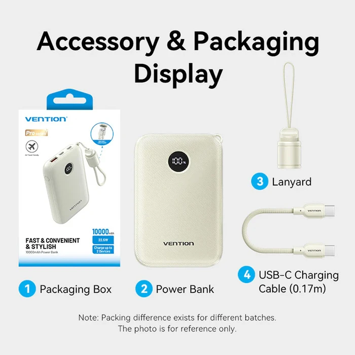 VENTION Power Bank 10000mAh 22.5W με ενσωματωμένο καλώδιο USB‑C, USB‑A & USB‑C θύρες — Ροζ