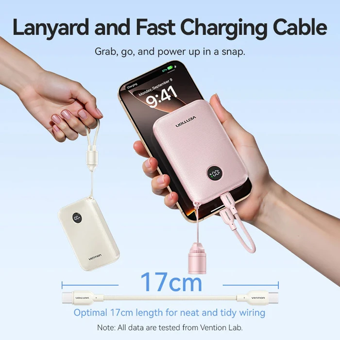 VENTION Power Bank 10000mAh 22.5W με ενσωματωμένο καλώδιο USB‑C, USB‑A & USB‑C θύρες — Ροζ