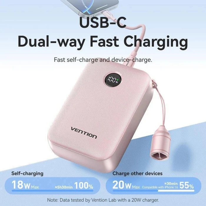 Vention 20000mAh Power Bank (USB-C + USB-C/USB-C/USB-A) with Built-in USB-C to USB-C Cable 22.5W Beige LED Display Universal Type (FKBN0-C-TY) (VENFKBN0-C-TY)