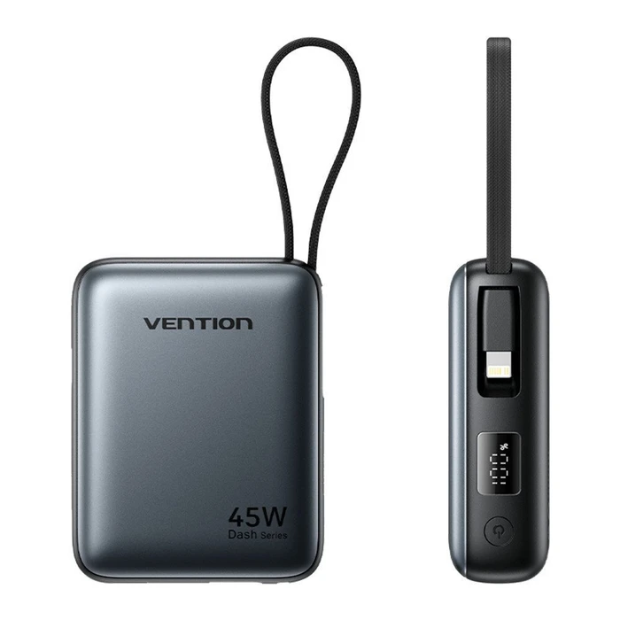 Vention 10000mAh Mini Power Bank (USB-C + USB-C/Lightning) with Built-in USB-C and Lightning Cables 45W Gray (FKMH0) (VENFKMH0)