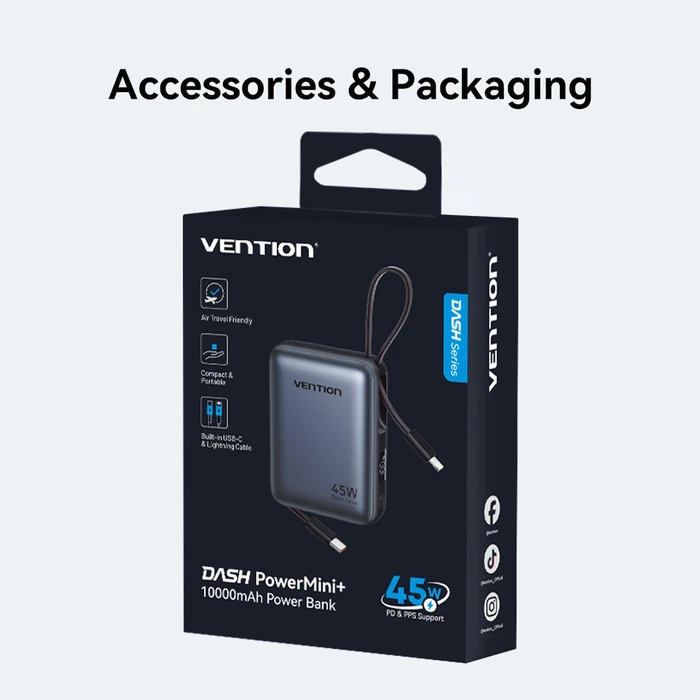 Vention 10000mAh Mini Power Bank (USB-C + USB-C/Lightning) with Built-in USB-C and Lightning Cables 45W Gray (FKMH0) (VENFKMH0)