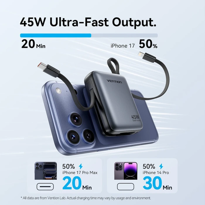 Vention 10000mAh Mini Power Bank (USB-C + USB-C/Lightning) with Built-in USB-C and Lightning Cables 45W Gray (FKMH0) (VENFKMH0)