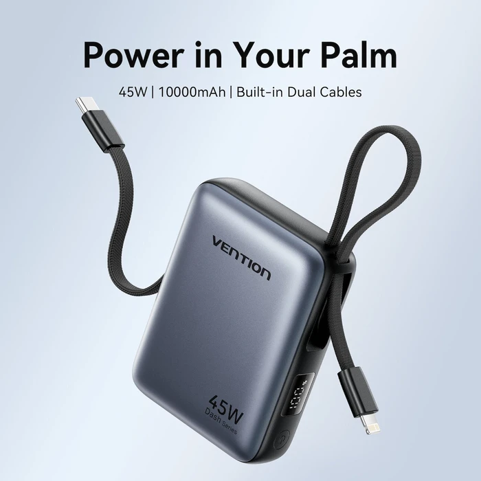 Vention 10000mAh Mini Power Bank (USB-C + USB-C/Lightning) with Built-in USB-C and Lightning Cables 45W Gray (FKMH0) (VENFKMH0)