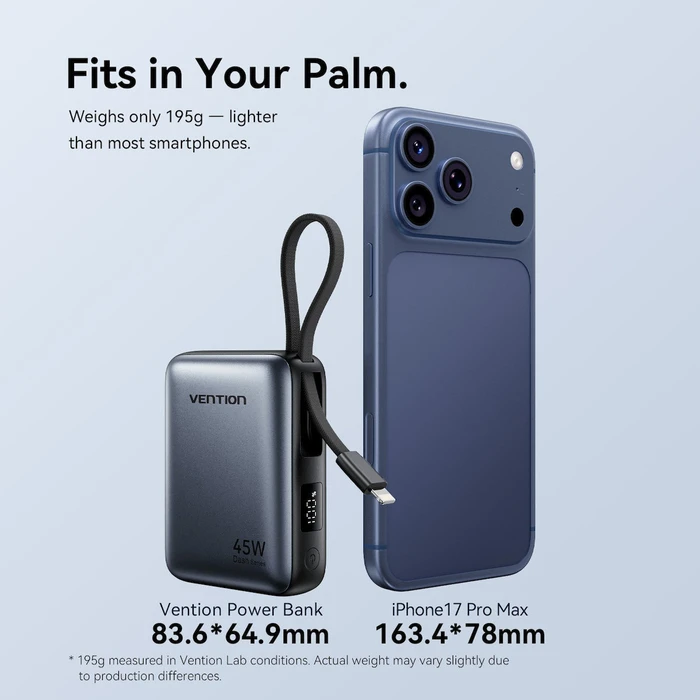 Vention 10000mAh Mini Power Bank (USB-C + USB-C/Lightning) with Built-in USB-C and Lightning Cables 45W Gray (FKMH0) (VENFKMH0)
