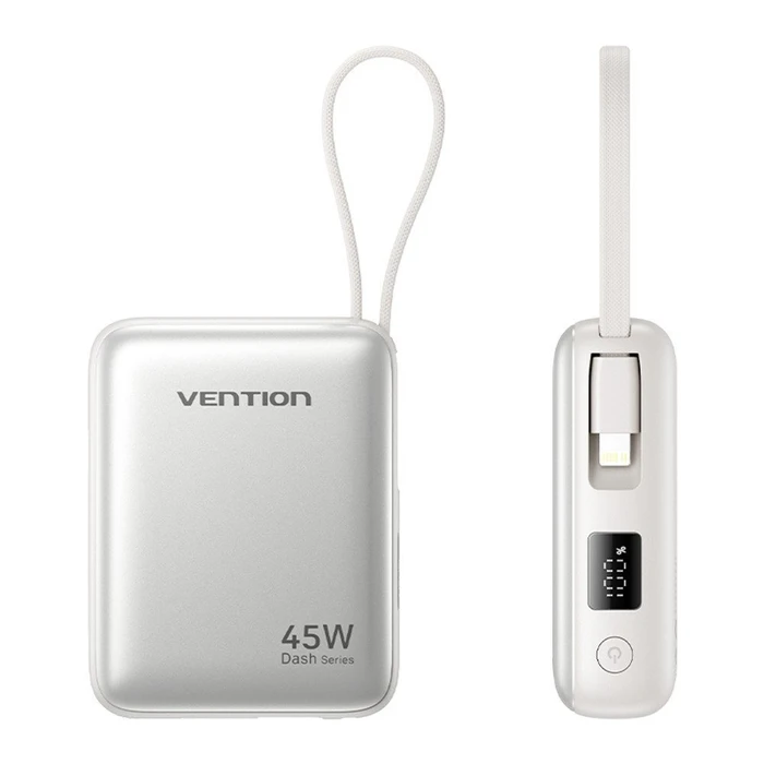 Vention 10000mAh Mini Power Bank (USB-C + USB-C/Lightning) with Built-in USB-C and Lightning Cables 45W Beige (FKMN0) (VENFKMN0)