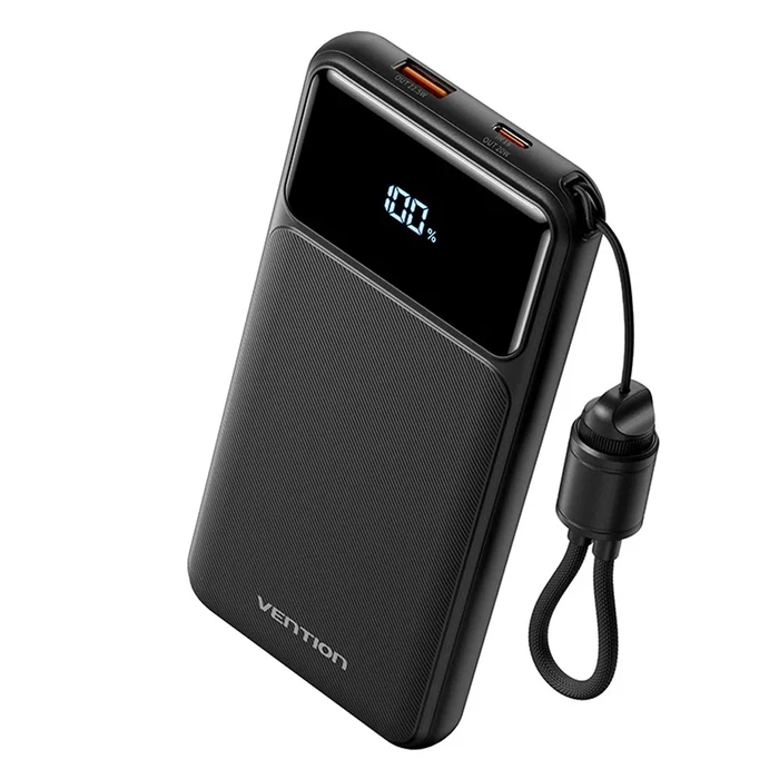 VENTION 10000mAh Power Bank (XGYB0-39-TY) 22.5W USB-C + USB-A Built-in Cable LED Display Black