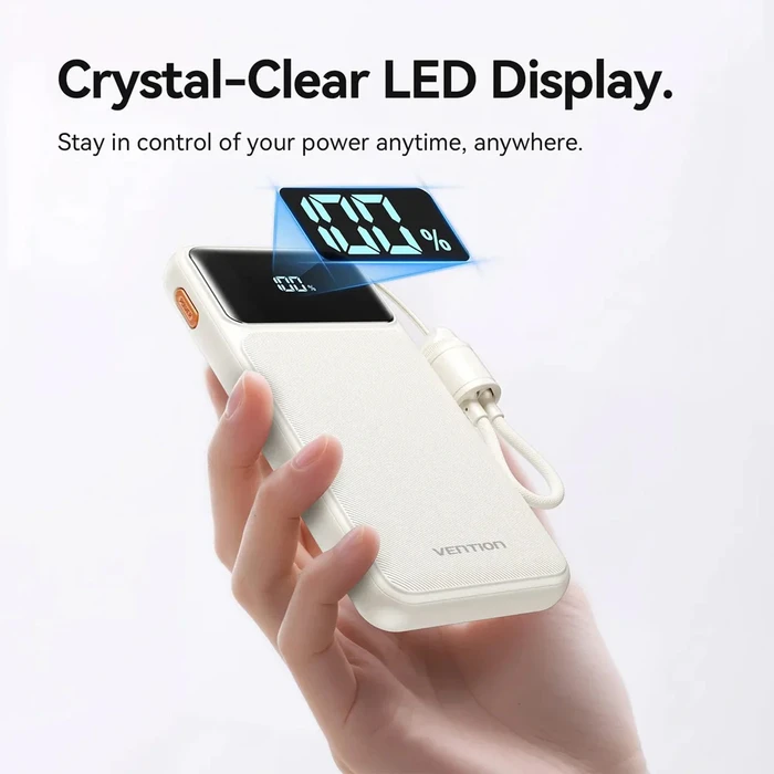 VENTION 10000mAh Power Bank (XGYB0-39-TY) 22.5W USB-C + USB-A Built-in Cable LED Display Black