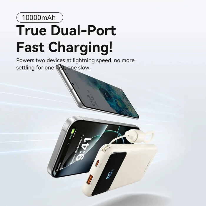 VENTION 10000mAh Power Bank (XGYB0-39-TY) 22.5W USB-C + USB-A Built-in Cable LED Display Black