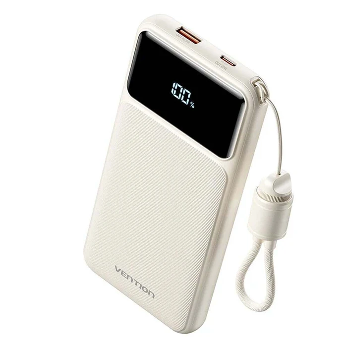 Vention XGYW0-39-TY Power Bank 10000mAh 22.5W USB-C + USB-A με Ενσωματωμένο Καλώδιο, Λευκή LED Οθόνη